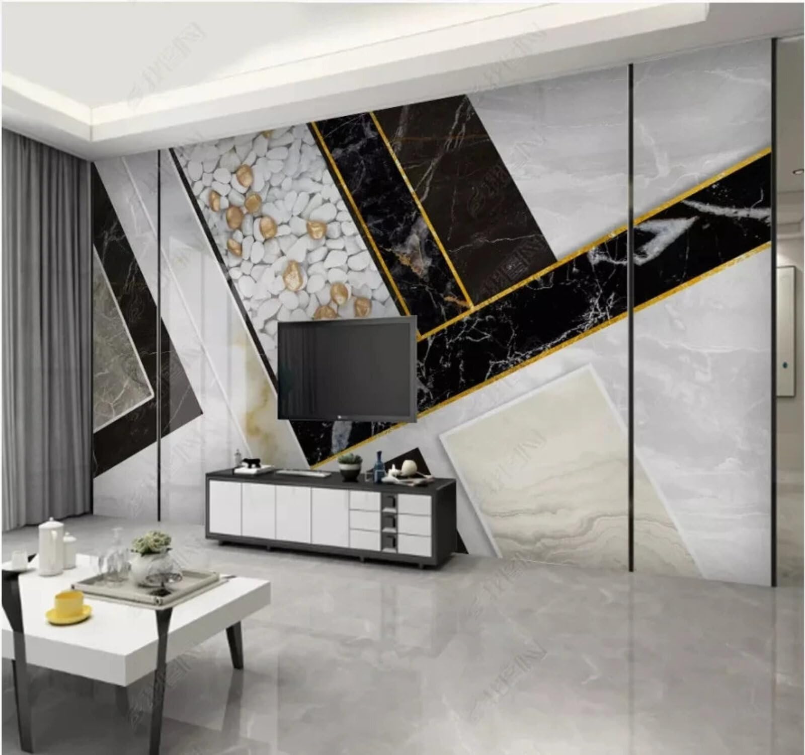 Astratto Bianco E Nero Geometrico Linee Effetto Marmo Moderna Carta Da Parati 3D Seta Pregiata Testurizzata Ideale Per La Camera Letto Del Soggiorno-200cm×140cm