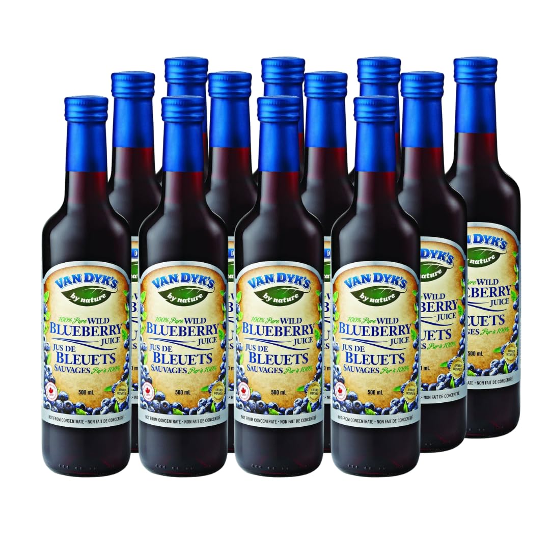 Van Dyk’s 100% Pure Wild Blueberry juice (Vaccinium angustifolium), 100% Saft, ohne Zuckerzusatz, nicht aus Konzentrat, Glasflasche, 500 ml (12 Stück)