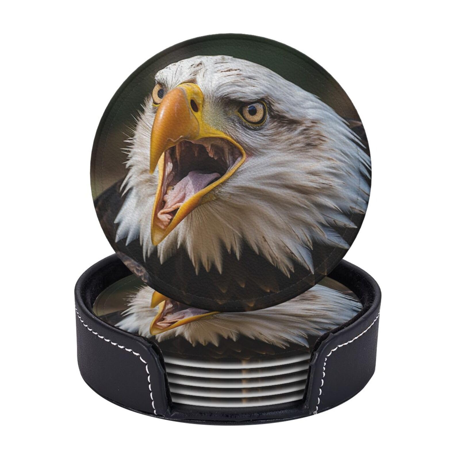 Coasters Set of 6 Leather Drink Coasters with Holder Vulture Opens Its Mouth Coasters for Drinks Heat Resistant Coaster Round Coffee Cup Mat Pad for Kitchen Office Home Decor