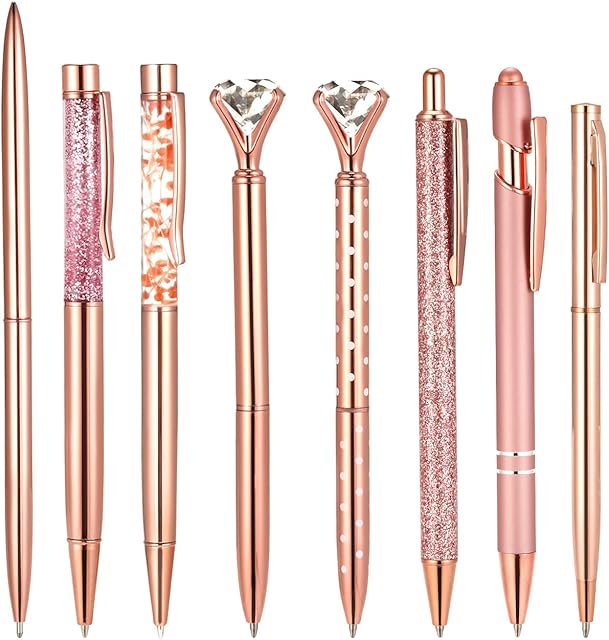 8pcs Rose Gold Ballpoint Pen, Crystal Metal Rose Gold Pens Black Ink Fine Point Tip Diamond Pens Rose Gold Glitter Ballpoint Pens for Wedding Home School Office Supplies