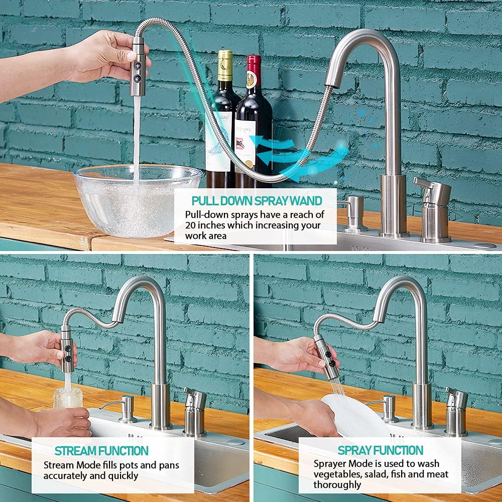 Blасk Frіdау - 60% оƒƒ KINFAUCET Modern Single-Handle 3 Hole Kitchen Faucet with Pull Down Sprayer, Stainless Steel Brushed Nickel Widespread 2 Hole Kitchen Sink Faucet with Soap Dispenser KINF025L