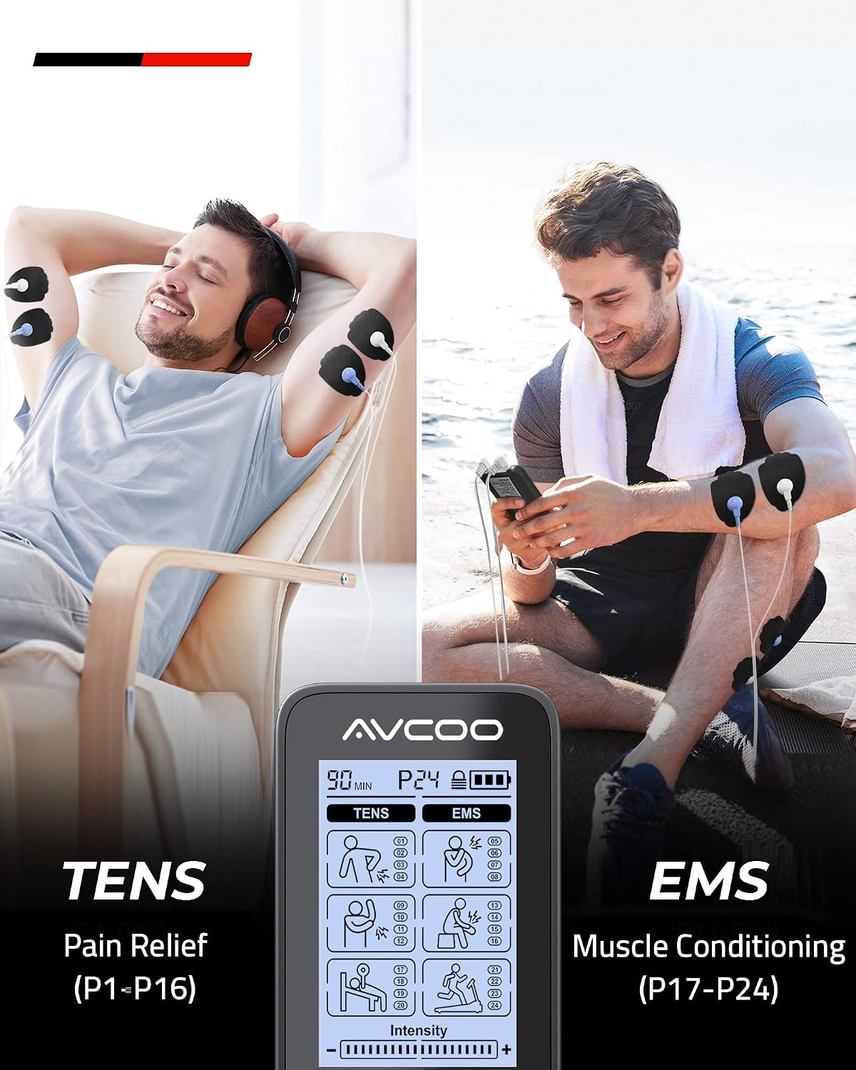 Portable 24 Modes TENS EMS Unit, AVCOO Rechargeable TENS Machine Electronic Pulse Massager for Pain Relief, Muscle Stimulator with 10 Electrode Pads, 2 x Battery Life, Belt Clip (Black)