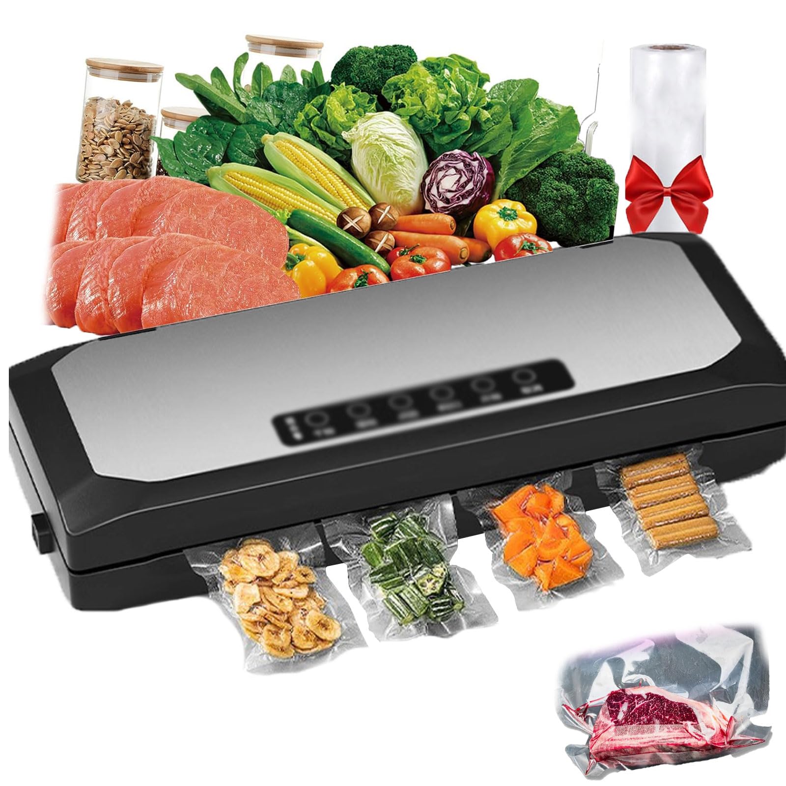 Máquina selladora al vacío para almacenamiento de alimentos secos y húmedos, 100 bolsas de vacío incluidas, succión de 60 kPa, luces indicadoras LED fáciles