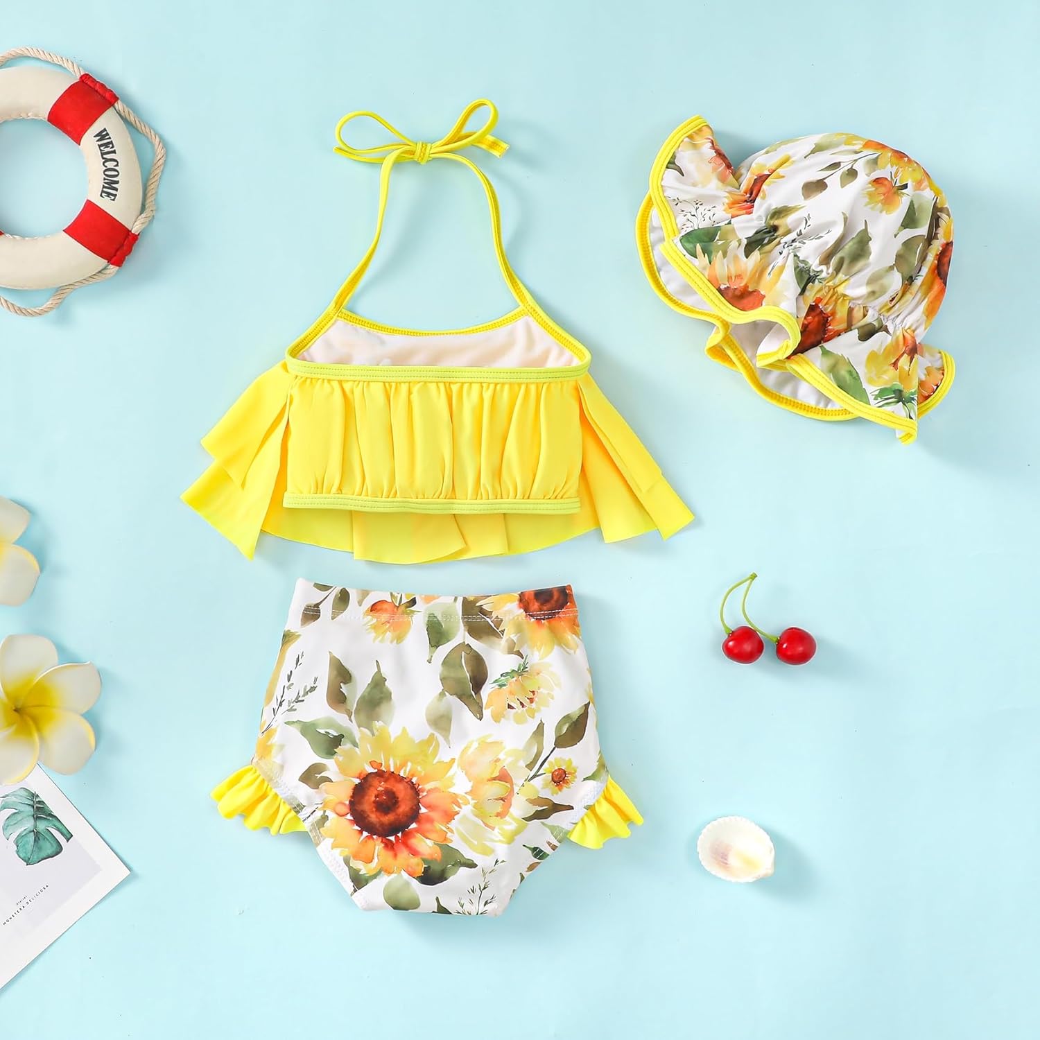 LYSMuch Toddler Baby Girl Bikini Swimsuit Set 3 Piece Bathing Suit with Hat - Image 2