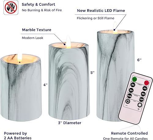 Miniatura 2 de VENTA Velas de pilar sin llama de mármol, juego de 3 (4, 5 y 6 pulgadas), velas LED parpadeantes realistas con control remoto y temporizador,