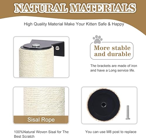 Miniatura 4 de Poste rascador para gatos montado en la pared, cuerda de sisal natural de 16 pulgadas, para muebles de pared para gatos, rascador de garras para