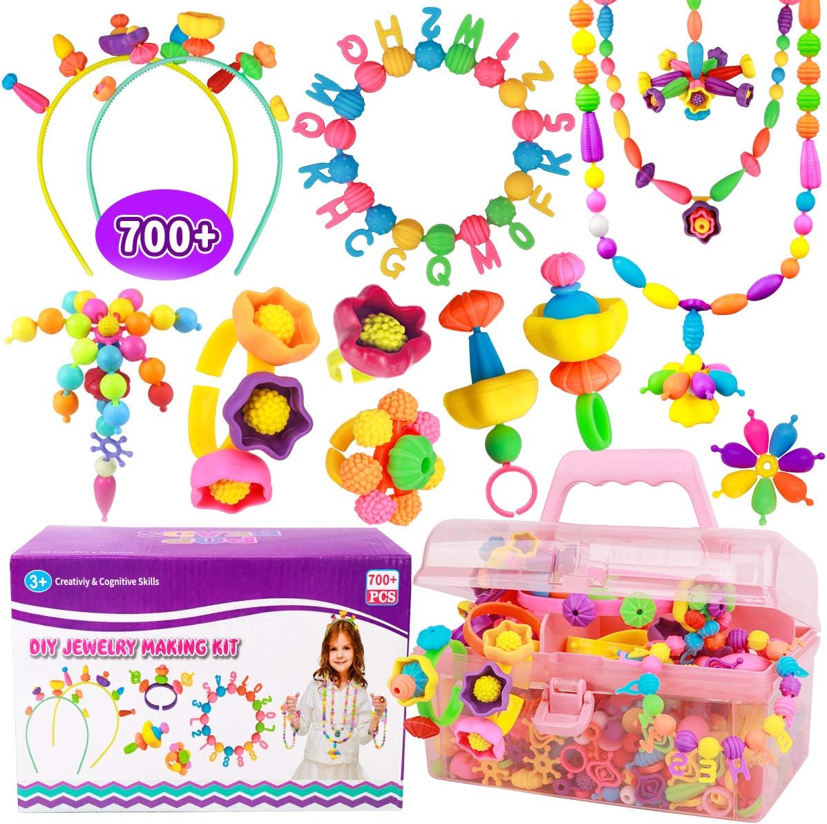 Pop Beads - 700 Pcs DIY Kids Jewelry Making Kit, Snap-Beads Kit for Toddler Girls Age 3, 4, 5, 6, 7 ,8 , Arts & Crafts Creativity Toys, Including Hairband, Necklaces, Bracelets, Rings Making Set : Toys & Games