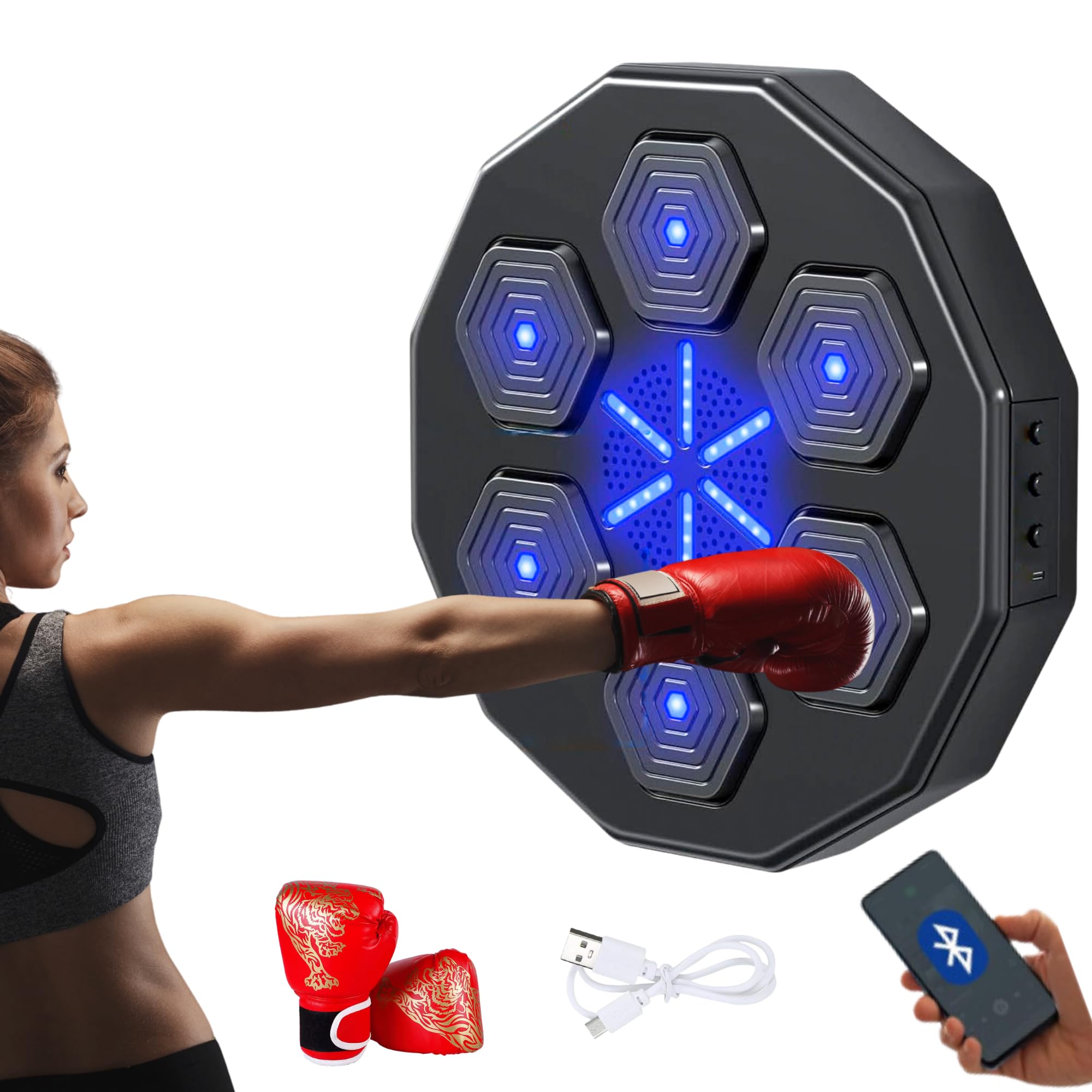 Macchina da Boxe Musicale. Attrezzatura da Allenamento da Parete con LED, Guantoni da Boxe, Bluetooth e Luci a Ritmo di Musica per Bambini/Adulti.