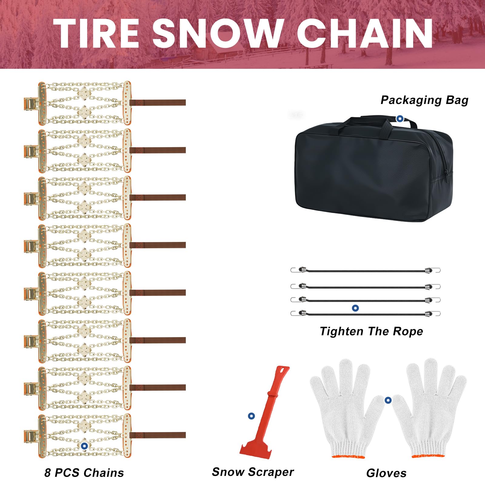 MOONCOOL Schneeketten Universal PKW, Winterketten 8 Stück(1 Satz) Leichte Montage für 215-285mm Auto Reifenbreite Anfahrhilfe Grid Design mit Handschuhe Haken Tragetasche Querseil für PKW, SUV, LKW