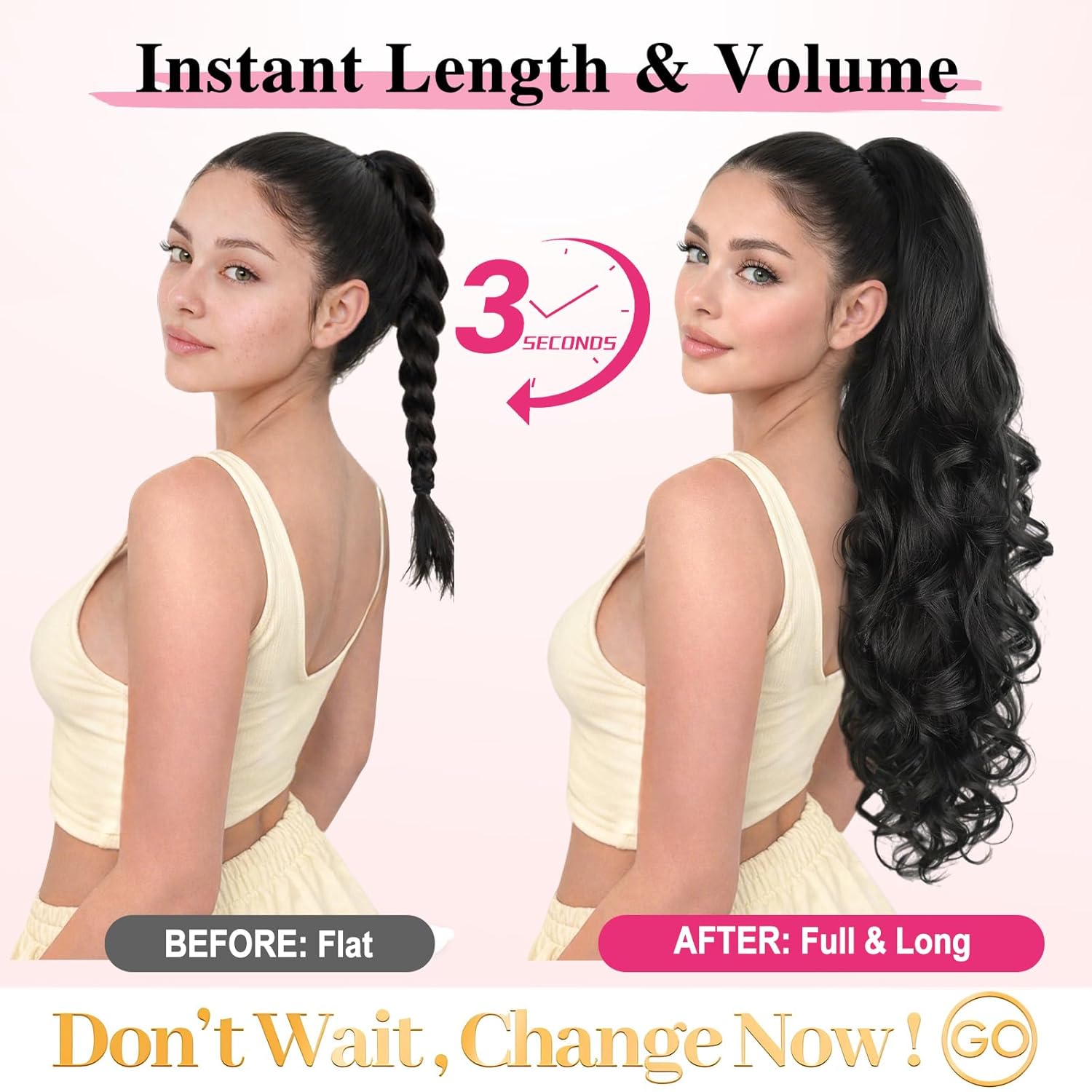 ALXNAN Ponytail Extension,24 Inch Claw Clip in Long Curly Wavy Black Ponytail Hair Extension Jaw Clip on Pony Tails Hairpiece for Women