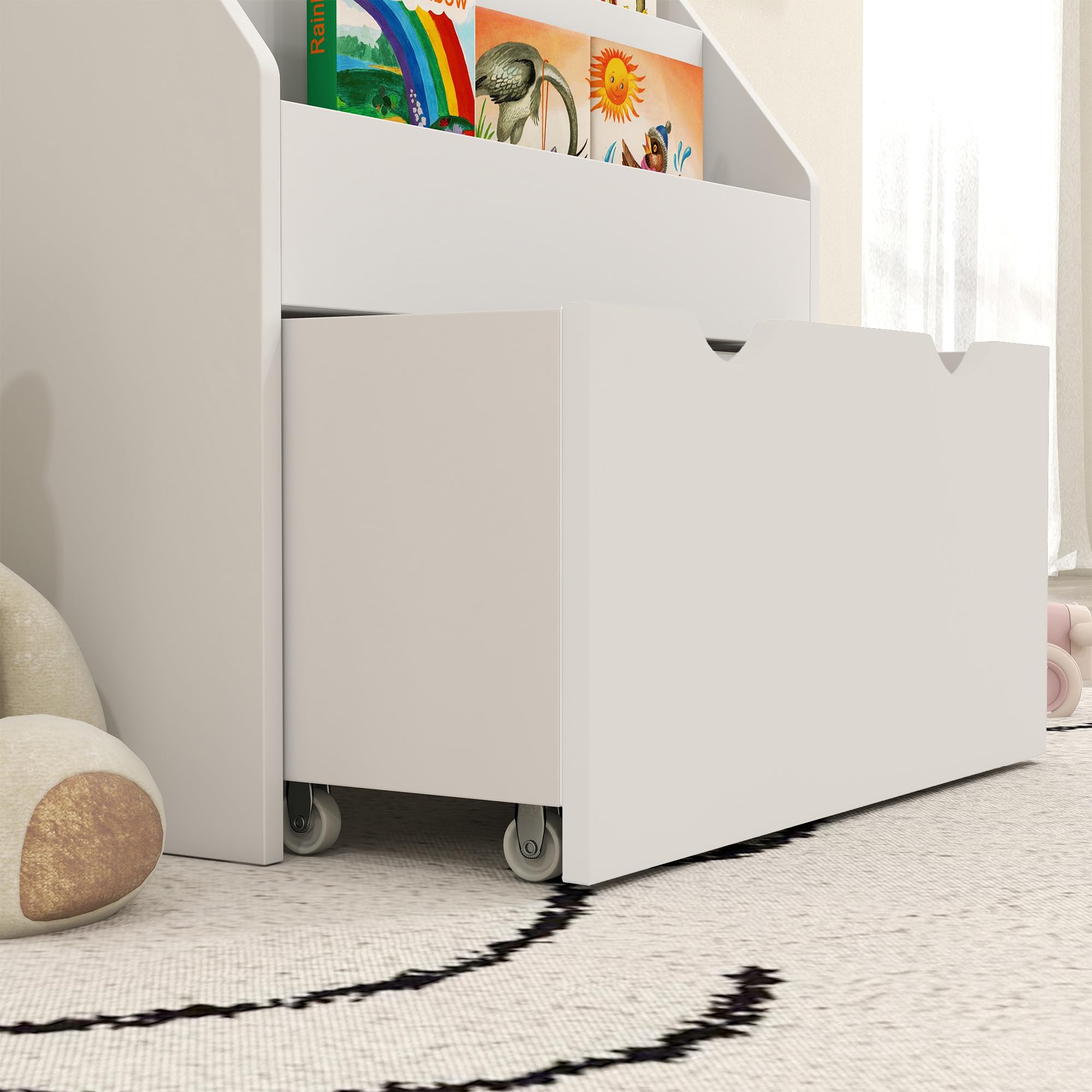 AIYAPLAY Estantería de Juguetes con 3 Compartimentos, Librería Infantil, Caja de Juguetes Móvil, Cajón con Ruedas, Multifuncioanl, para Dormitorio, Guardería, Sala de Juegos, Blanco