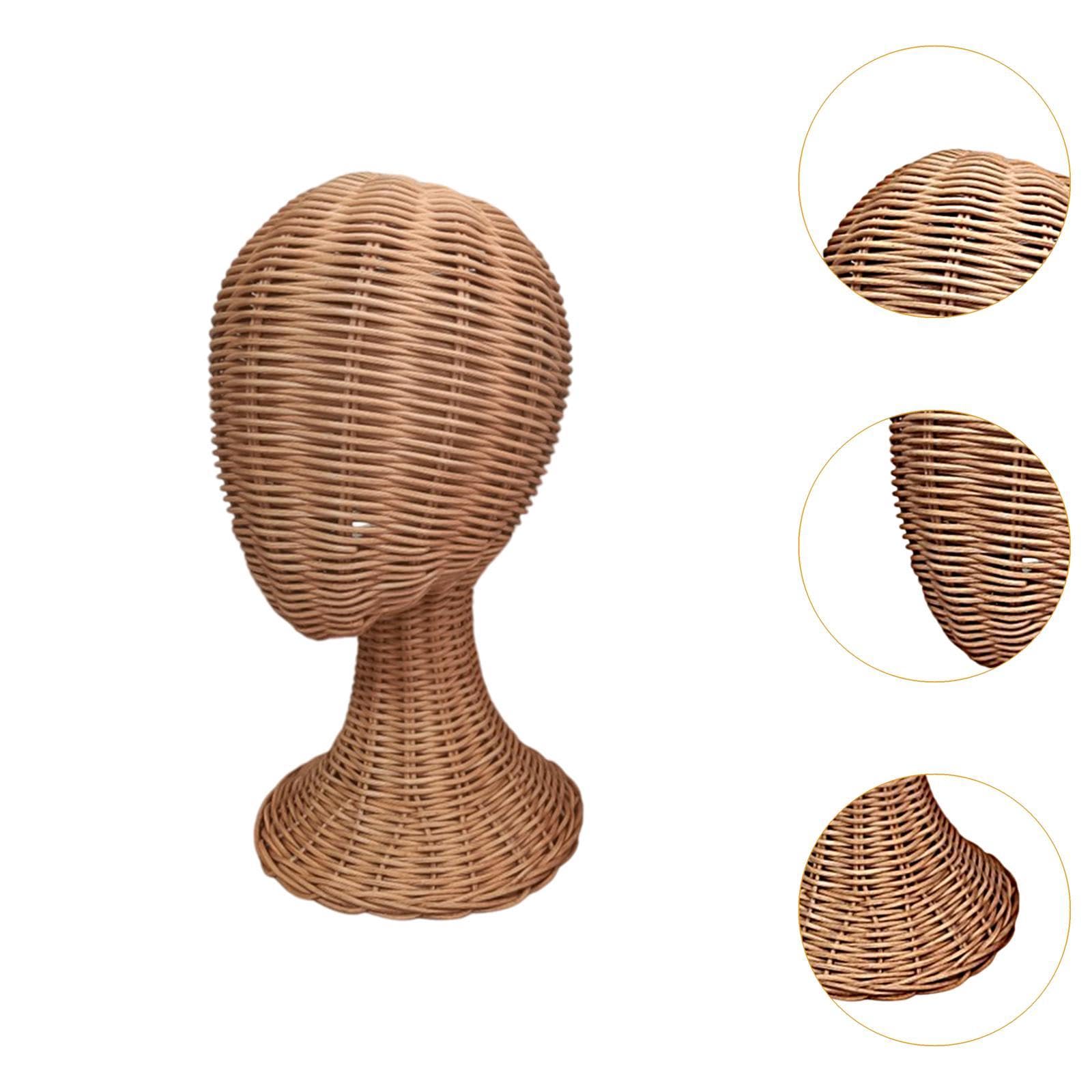 harayaa Tête de Présentation en Rotin avec Base Antiretournement, Présentoir à Chapeaux Multifonctionnel, Support pour Perruques Tressé Main, Base Stable, pour Vitrine, Magasin et Décoration Maison