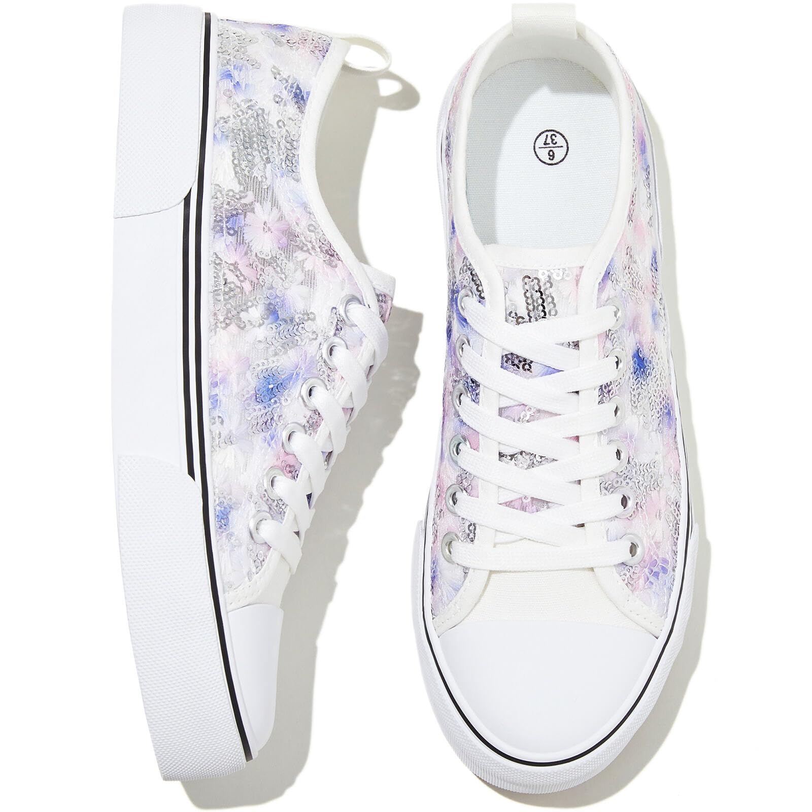 Women's White Tennis Shoes Embroidered Sequins Low Top Canvas Shoes Comfortable Casual Fashion Sneakers