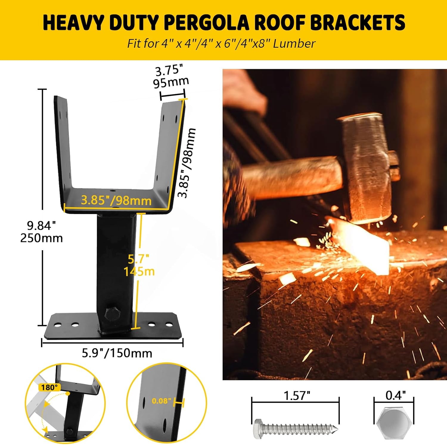 DEVALLEY Roof Riser Brackets kit for Pation Pergola,Adjustable Angle Woodwork Post Brackets for 4x4 4x6 Lumber,Black Heavy Duty Roof Pergola Gazebo Patio Cover W/Hardware - 3Pack