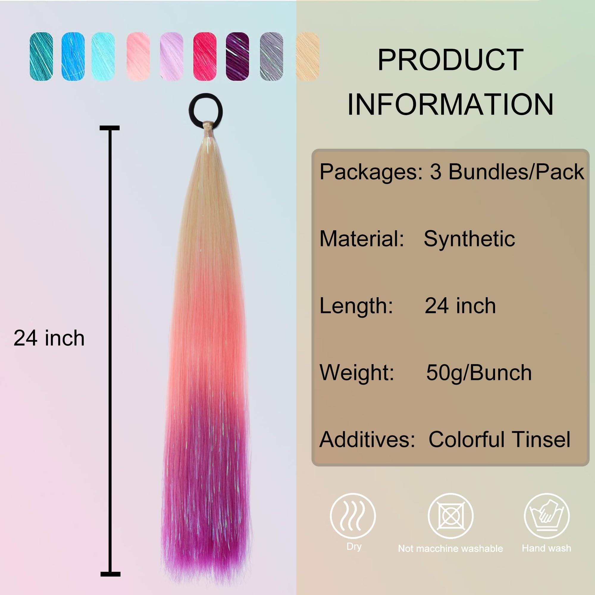 PORSMEER 3 Pcs Rainbow Hair Extensions With Elastic Tie,3 Tone Mermaid Hair for Braiding Crochet,Synthetic Braided Ponytail Extension for Women,Glitter Hair for Festival/Party(Blonde/Pink/Purple) - Image 3
