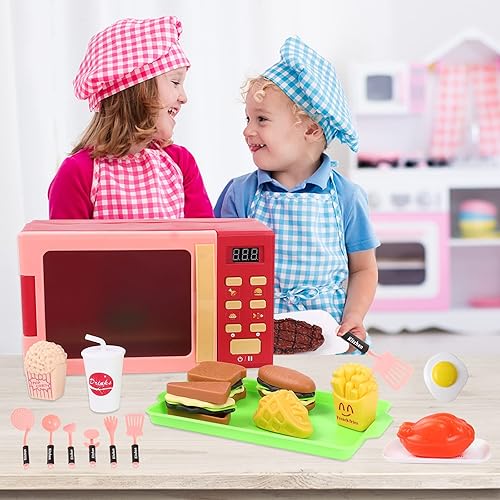 Miniatura 8 de Juguete de microondas para niños con luz y sonido, aparatos de cocina de juguete realistas, accesorios de cocina de juego y comida de juego para