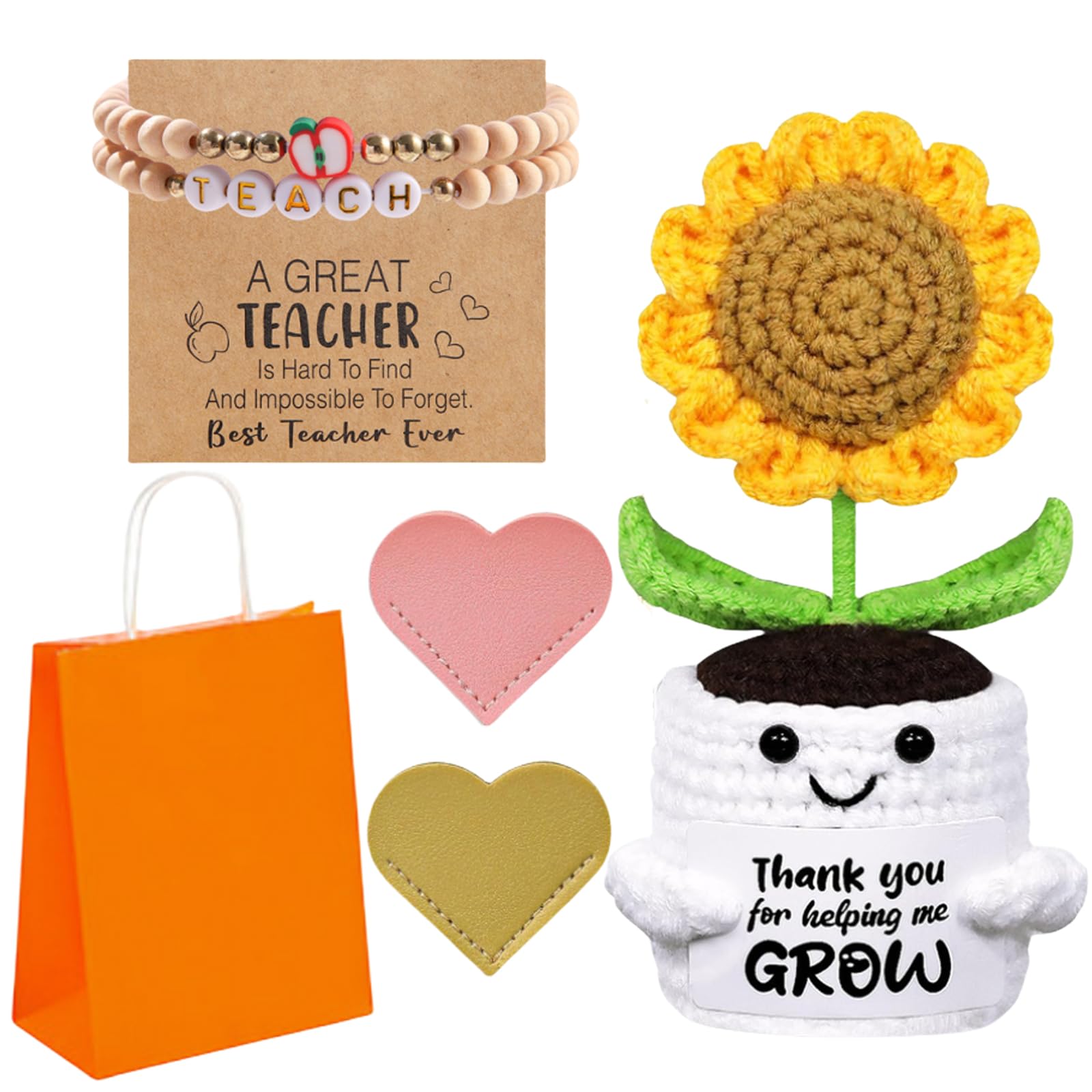 Teacher Gifts, Thank You for Helping Me Grow, Crochet Sunflower Bookmark Bracelet and Card, Teacher Gifts for Women, Best Teacher Gifts for Nursery Teacher Teaching Assistant