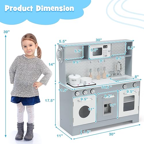 Miniatura 6 de KOTEK Juego de cocina de madera para niños pequeños con dispensador de agua y estufasluces y sonidos, microondas, horno, teléfono y utensilios de
