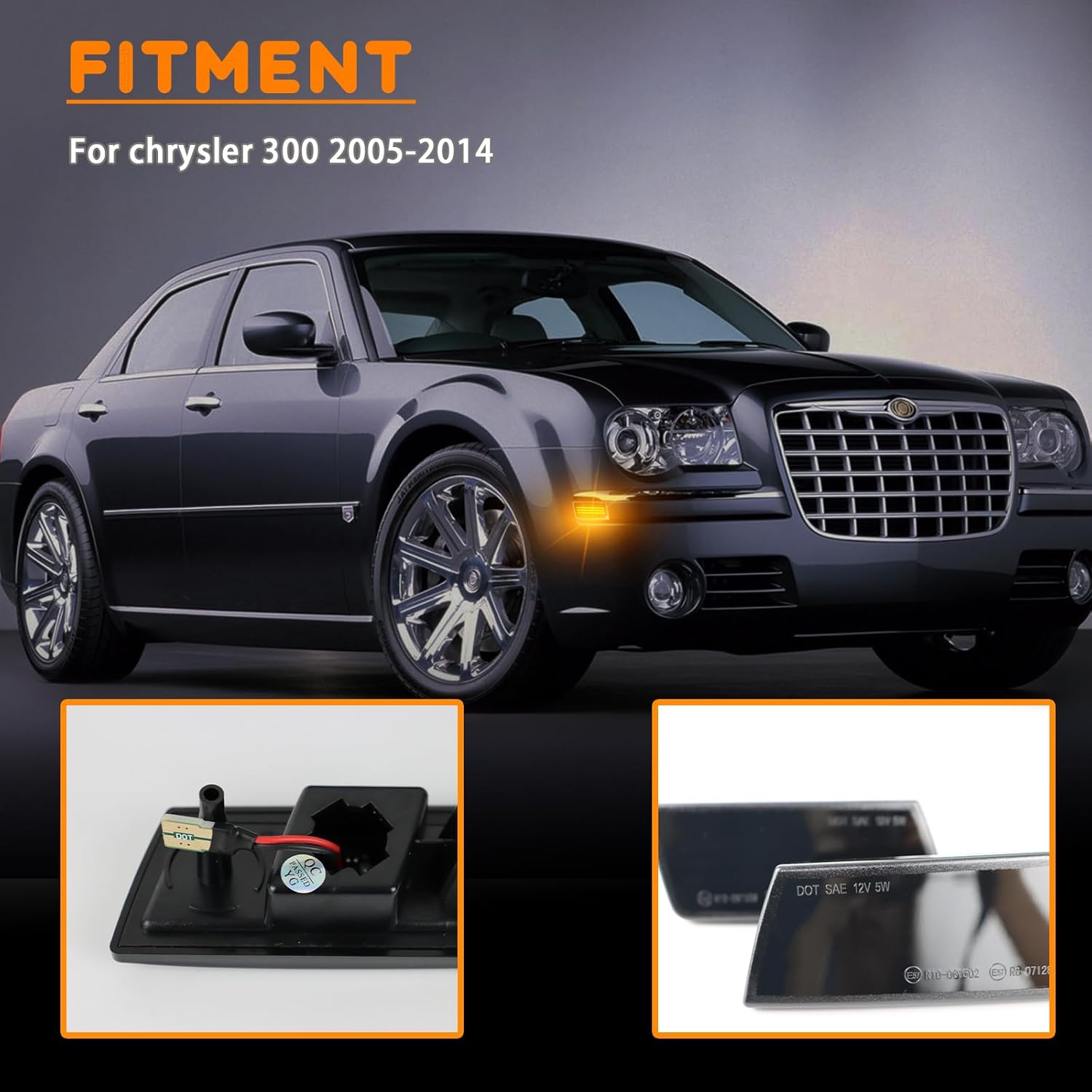 2pcs LED Front Fender Side Marker Lights Kit for Chrysler 300 2004-2014,Smoked Lens Side Bumper Marker Lamps,for Chrysler Amber LED Turn Signal Lamps (Yellow Light)