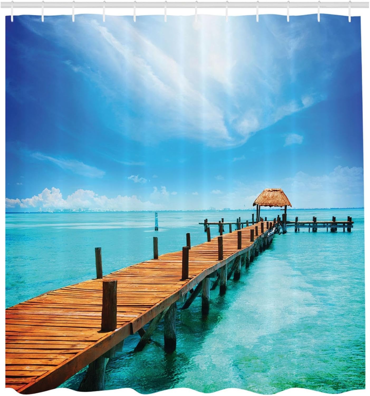 Tropical Shower Curtain, Exotic Hawaiian Wooden Pier Design Warm Ocean Pastoral Cloth Fabric Bathroom Decor Set with Hooks 33x72in-85x183cm/WxH