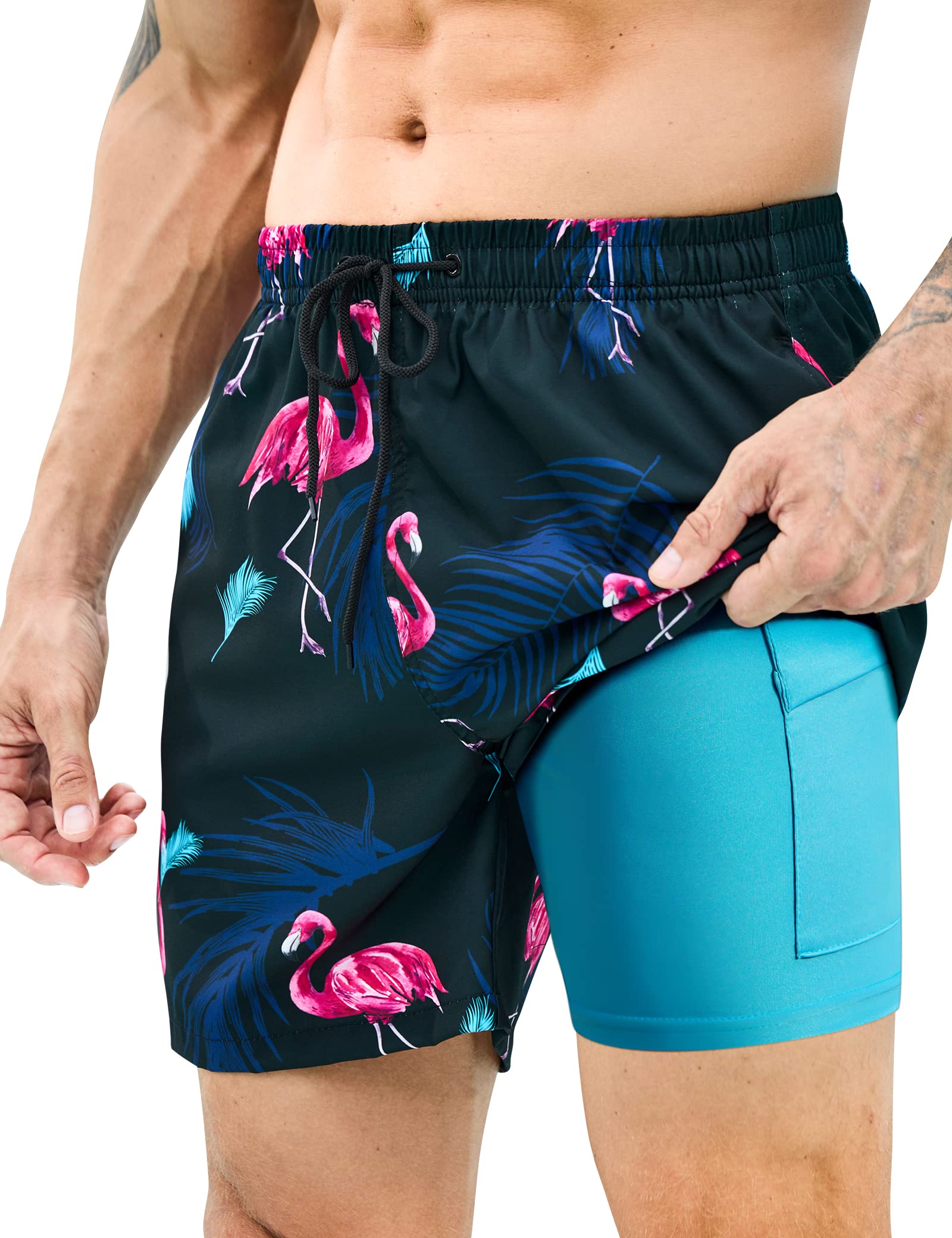 KBVOTMens Swim Trunks with Compression Liner 7 inch Inseam 2 Pack Quick Dry Stretch Beach Shorts Bathing Suits Swimwear