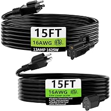 15FT 2Pack 16/3 Gauge Black Extension Cord Flexible Cold-Resistant Appliance Extension Cable Outside, 13A 1625W 16AWG SJTW, 3 Prong Heavy Duty Electric Cord, ETL