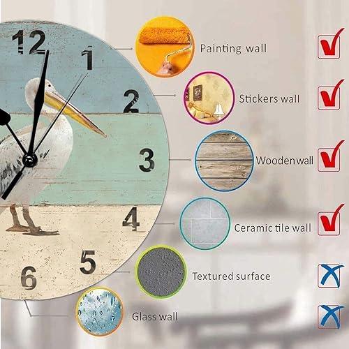 Miniatura 7 de Reloj de pared redondo de madera de estilo chic con números arábigos de pelícano retro, funciona con pilas, reloj de pared silencioso sin tictac