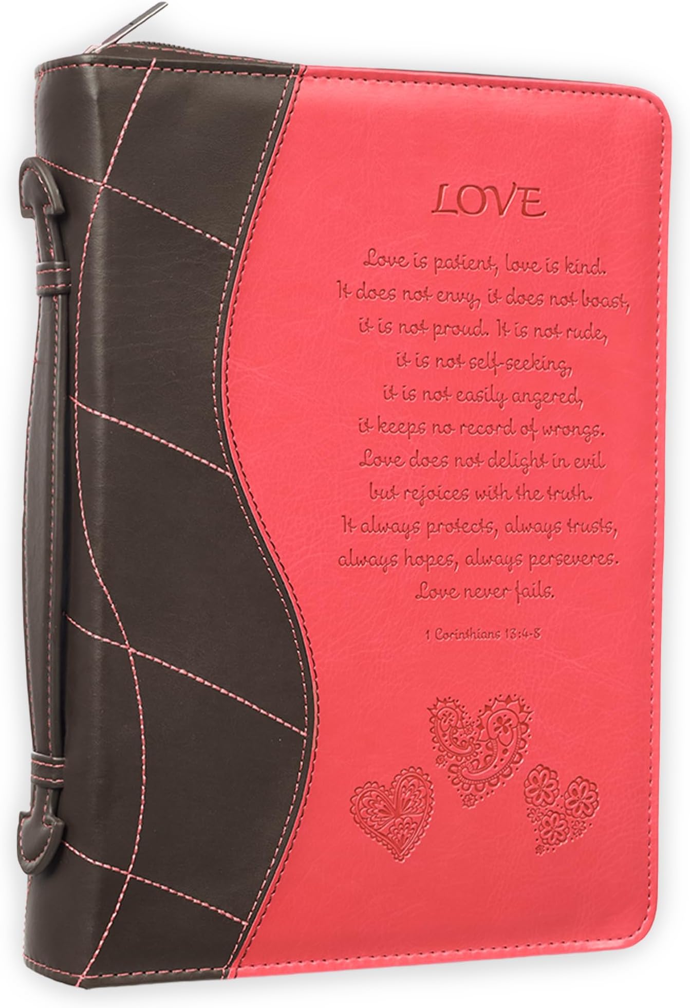 Christian Art Gifts Women's Fashion Bible Cover Love 1 Corinthians 13:4-8, Pink Faux Leather, Large