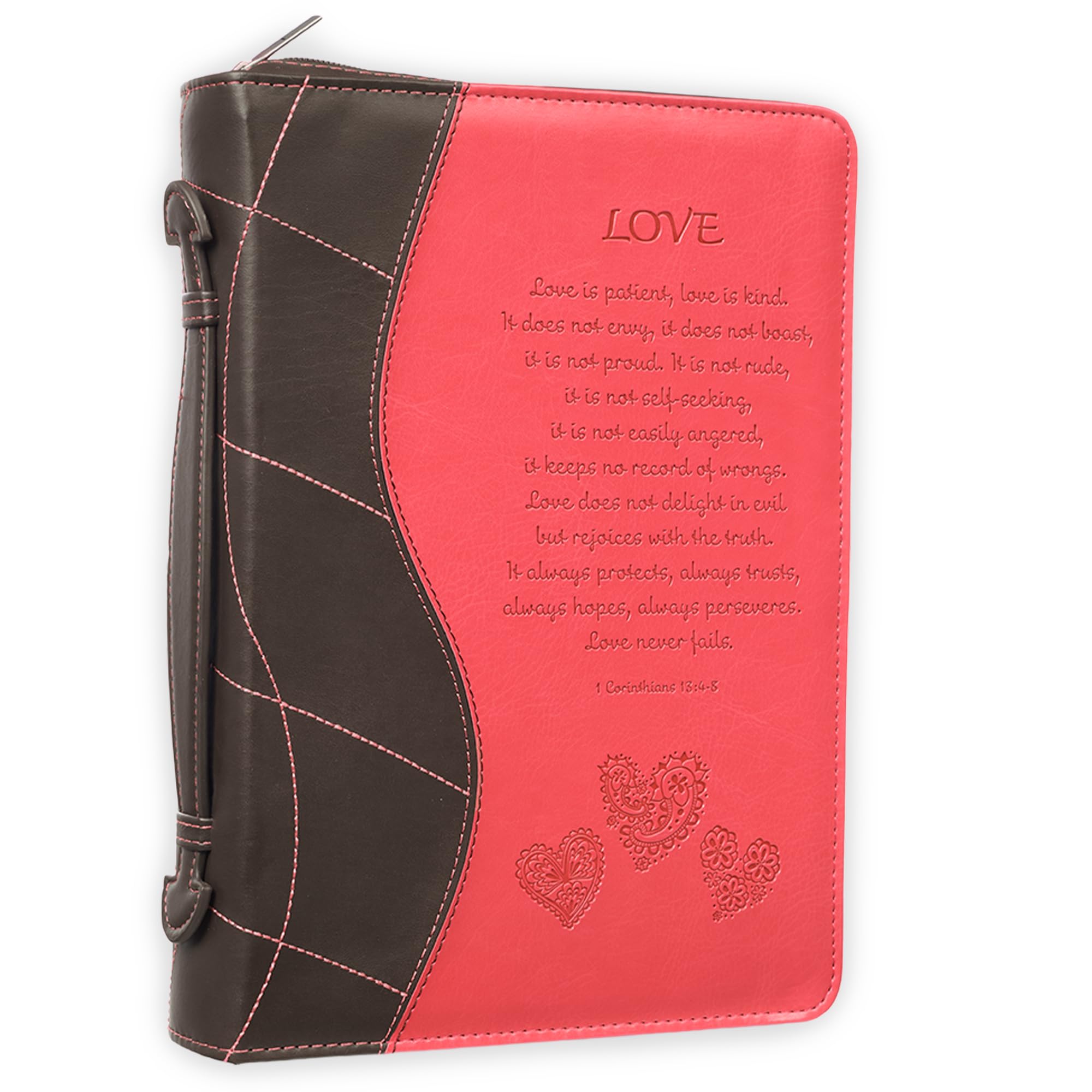 Christian Art Gifts Women's Fashion Bible Cover Love 1 Corinthians 13:4-8, Pink Faux Leather, Large