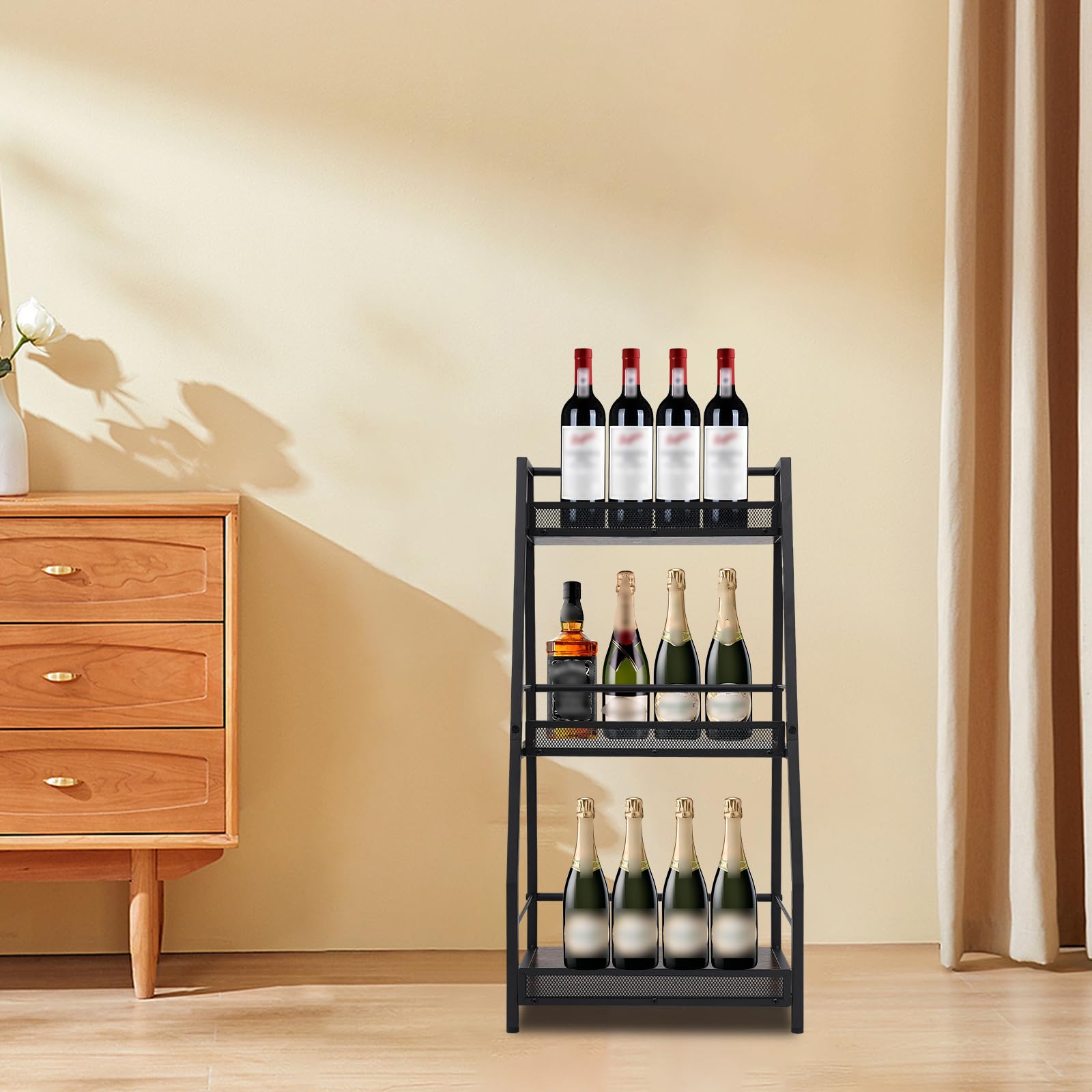 Liquor Cabinet Mini Bar a 3 livelli, scaffale per vino autoportante per whisky, angolo bottiglia liquido display scaffale con recinzioni e piedini regolabili per casa, cucina, sala da