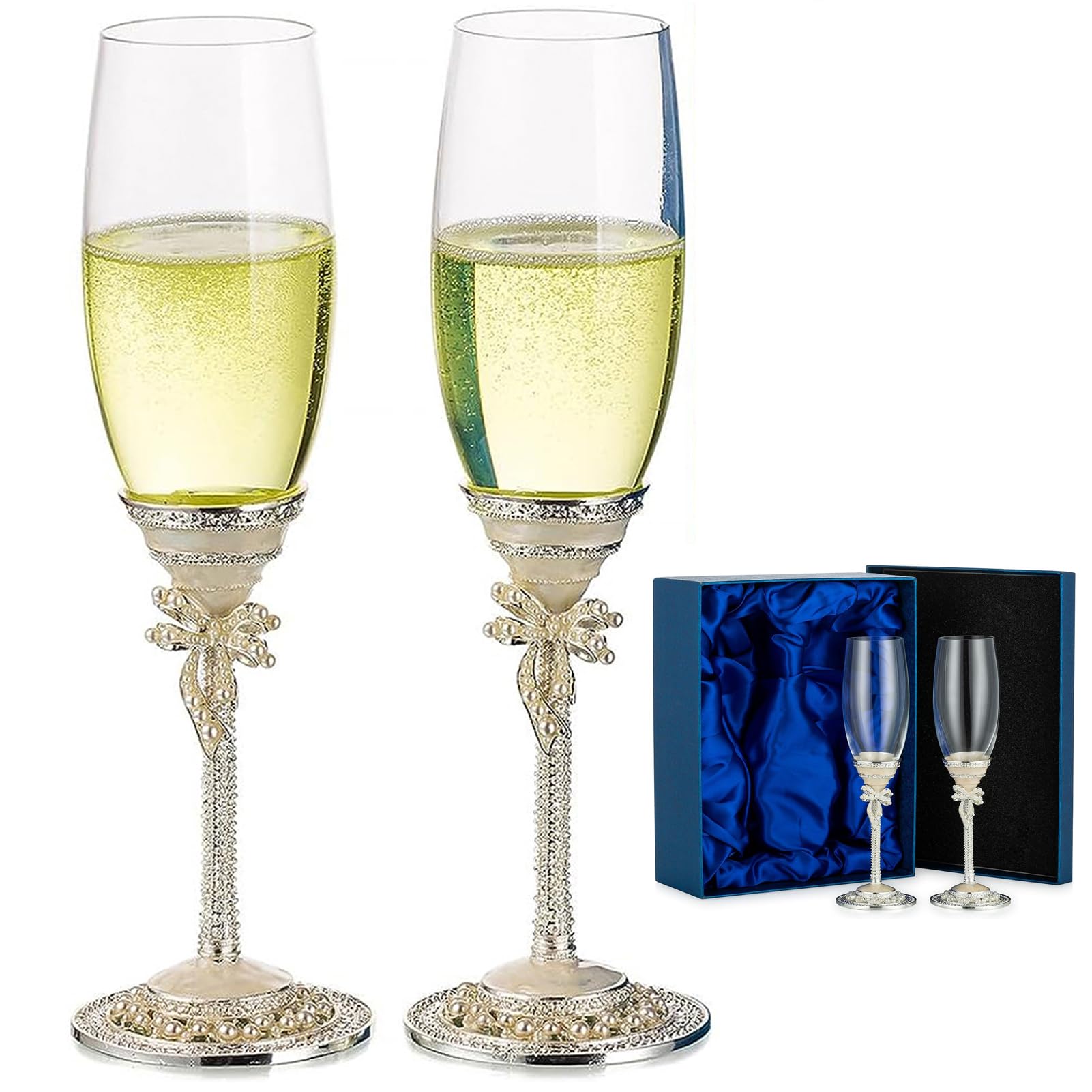 Nuptio Bicchieri per Flute Champagne Regalo: 2 Pezzi Calici Champagne Smalto Matrimonio Brindisi Vetro Cristallo per Sposa e Sposo Anniversario Fidanzamento Matrimoni Coppia Compleanno Regali Partito