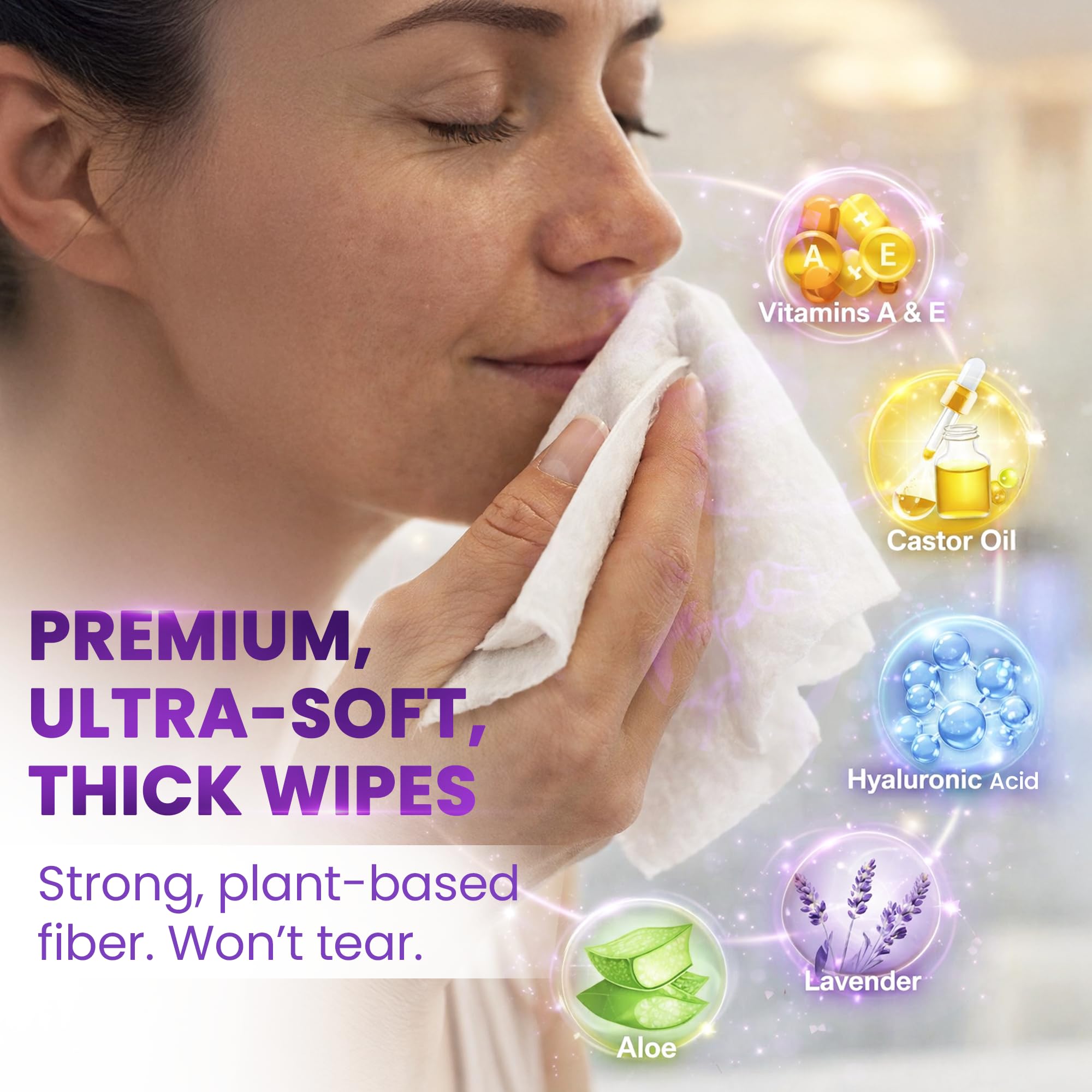BeautyFrizz Toallitas faciales de lavanda, 240 unidades, toallitas desmaquillantes suaves para mujeres, toallita de limpieza facial con aloe, ricino, vitamina A y E, extrasuaves, hidratantes