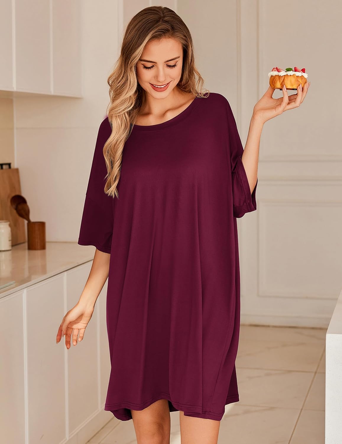 Ekouaer Plus Size Nightgowns for Women Bamboo Viscose Sleepshirts Short Sleeve Nightshirt Oversized Sleepwear Sleepdress - Image 4
