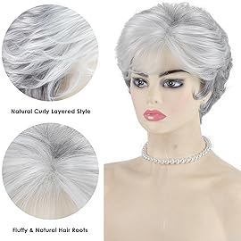 XIUFAXIRUSI XIUFAXIRUSI Grey Curly Pixie Wigs for White Women Short Fluffy White Hair with Bangs Natural Synthetic Heat Resistant Wig