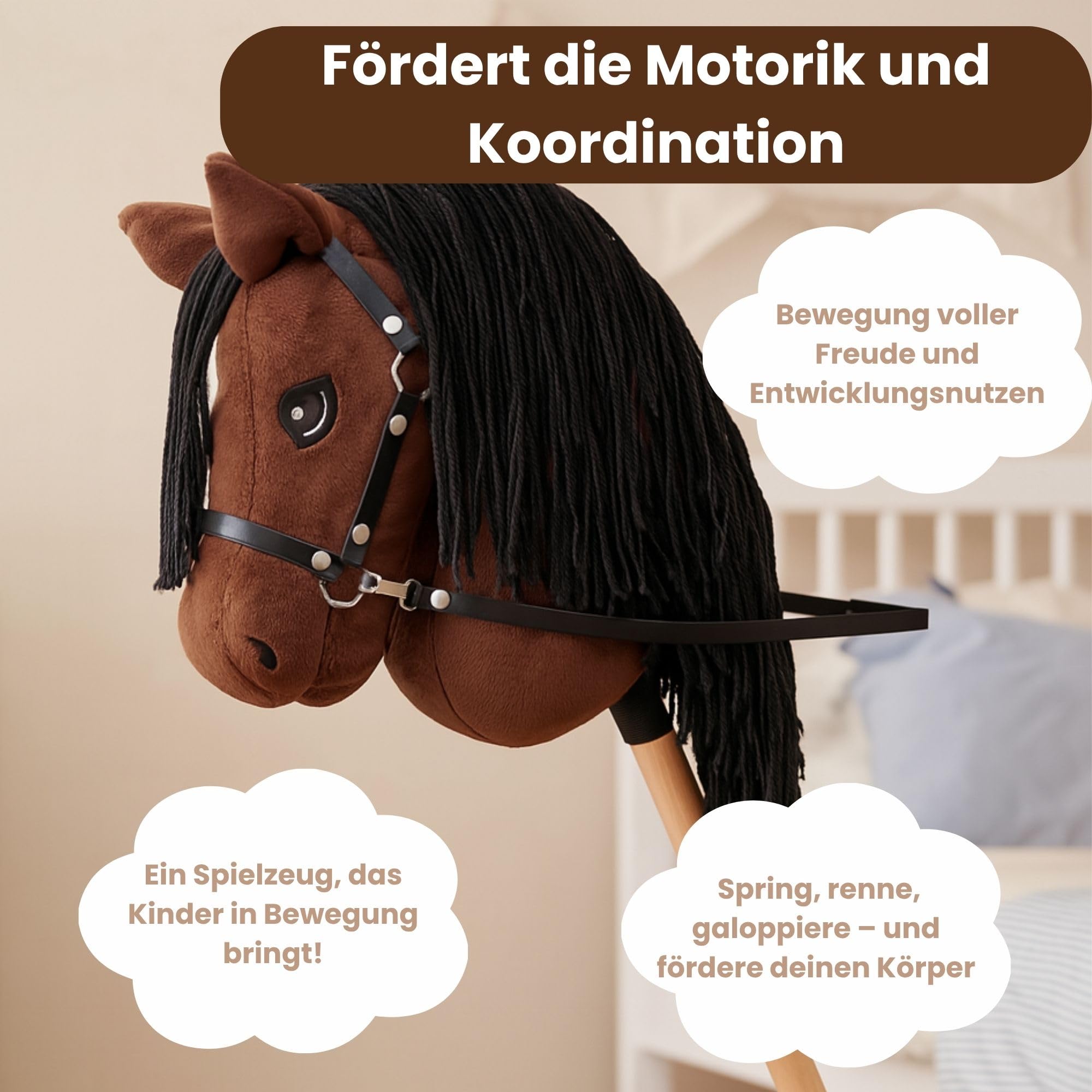 Start Hobby Horse – realistyczny koń na kiju z długą grzywą do układania fryzury – dla dzieci (A3) (Bella (Brązowy))