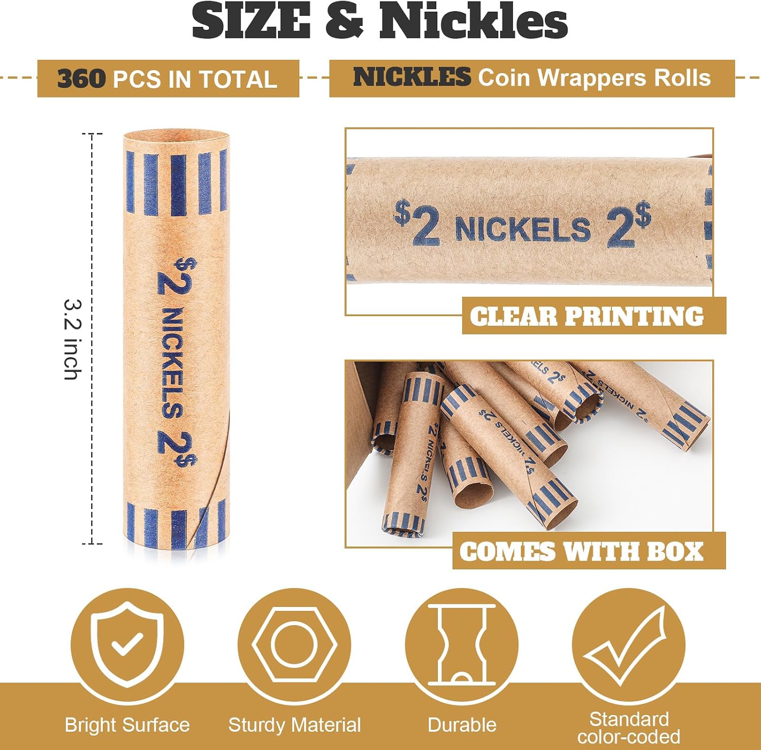 Gersoniel 360 Pcs Nickel Rolls Wrappers Coin Wrappers Preformed Nickel Rolls Bulk Coin Roll for Bank and Office