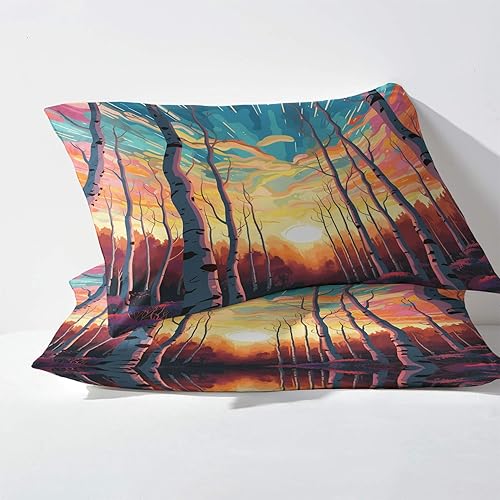 Miniatura 3 de Juego de sábanas de 4 piezas con diseño de atardecer de abedul y diseño de bosque, sábanas y fundas de almohada estampadas, sábana bajera ajustable