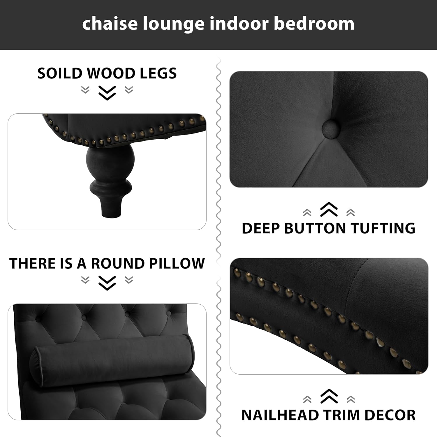 Chaise Lounge Chair Indoor, Button-Tufted Lounges Chair for Bedroom with Solid Wood Legs & Support Pillow Nailhead Decor Armless Leisure Sofa Recliner for Living Room Office (Black)