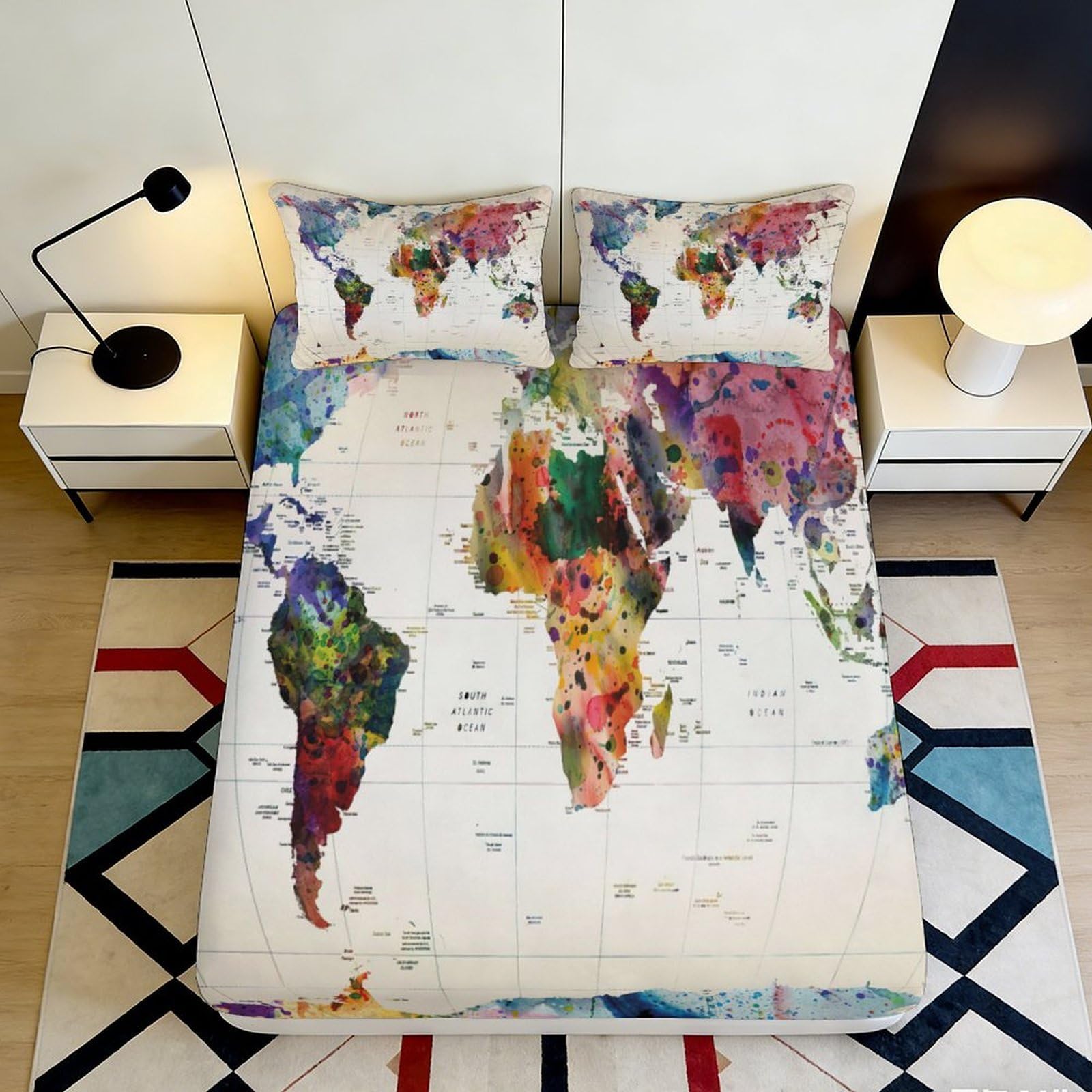 Jqzkxnhpbr Style-8 3D Printed World Map Fitted Sheet Microfiber Soft Colorful Continent Mattress Cover Bedroom Home Decor Dustproof 90X200x25cm
