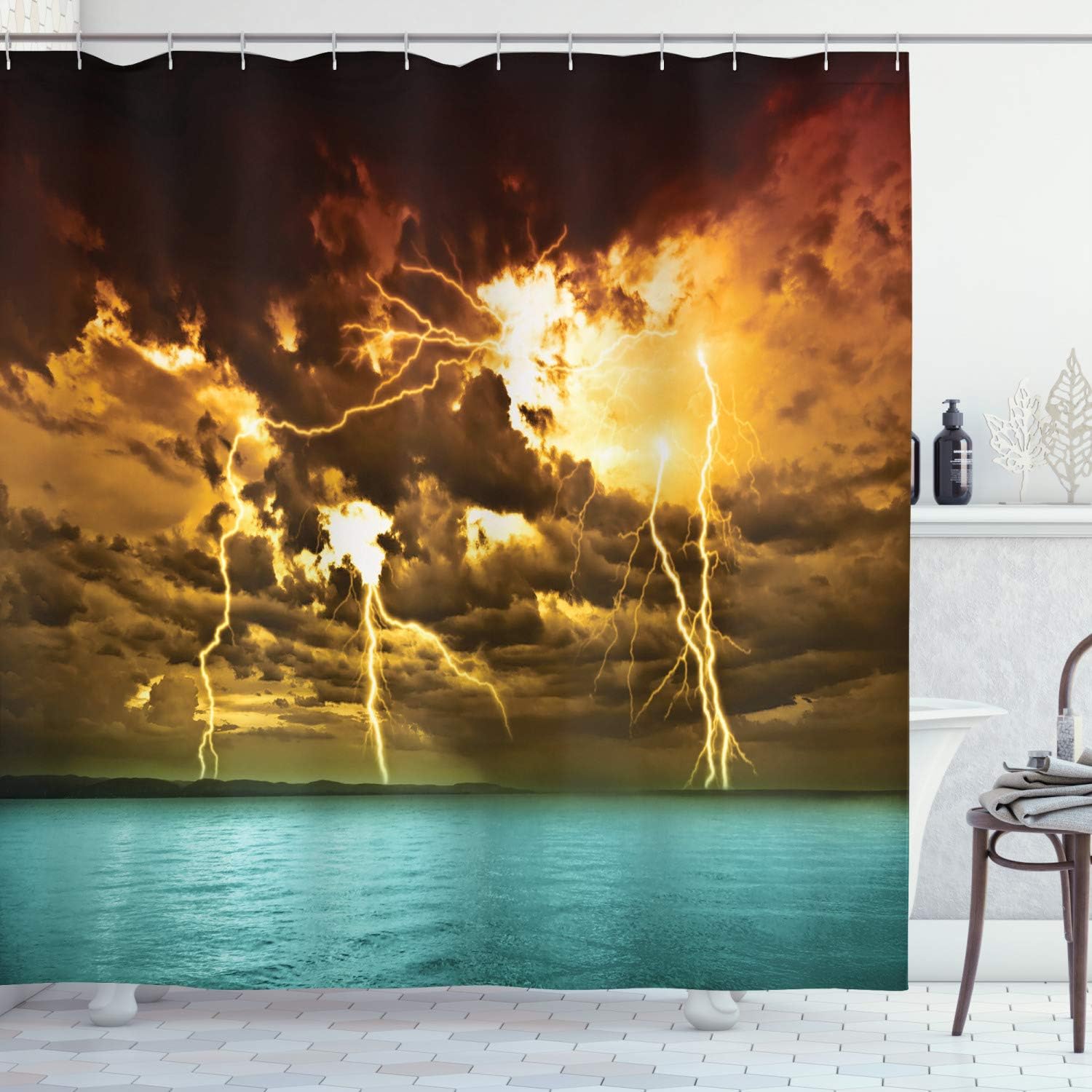 Ambesonne Nature Shower Curtain, Orange Tones Storm Over The Ocean Shore Dark Clouds Miracle Solar Cloudscape Horizon Illustration, Cloth Fabric Bathroom Set with Hooks, 69" W x 75" L, Yellow Blue