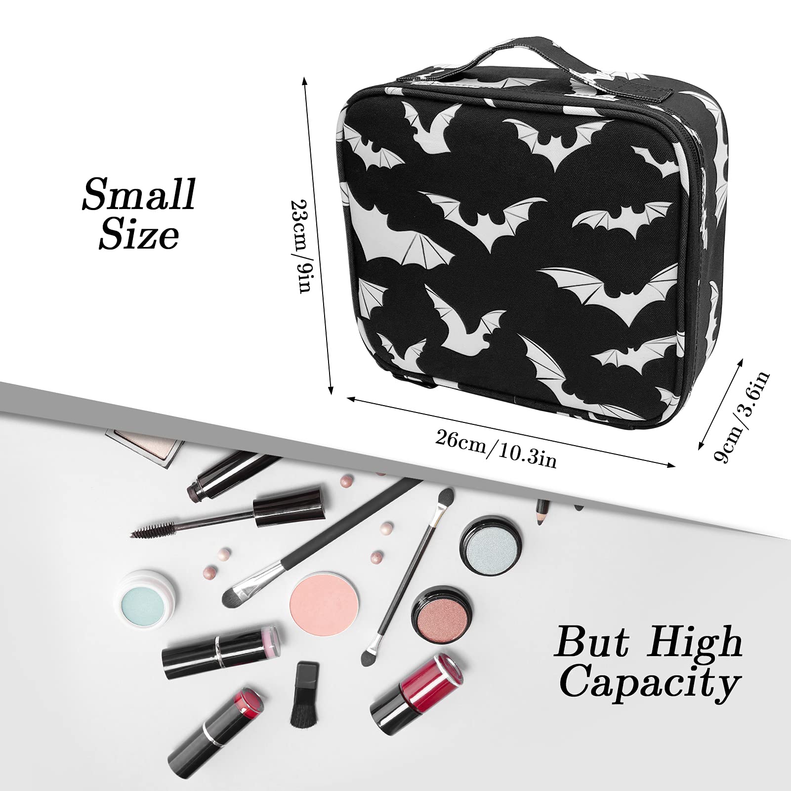 9CH Goth Makeup Organizer Bag, Halloween Makeup Bags Large Cosmetic Bag with Adjustable Dividers Portable Bat Cosmetic Case for Make up Brushes Toiletry Jewelry（Black Bats）: Goth Bats-1