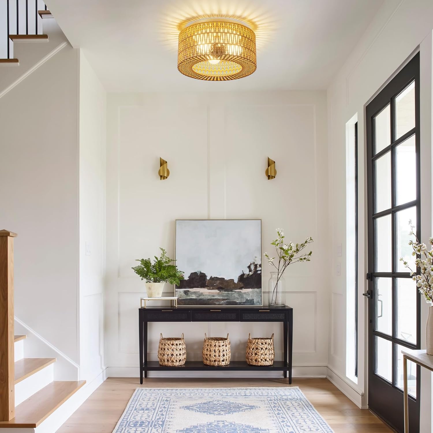 ROOMTEC 12.4" Boho Rattan Ceiling Light,3-Light Modern Farmhouse Rattan Light Fixture with Dimmable E26 LED Bulb Gold Handmade Ceiling Lamp for Dining Room,Hallway,Bedroom,Foyer and Kitchen