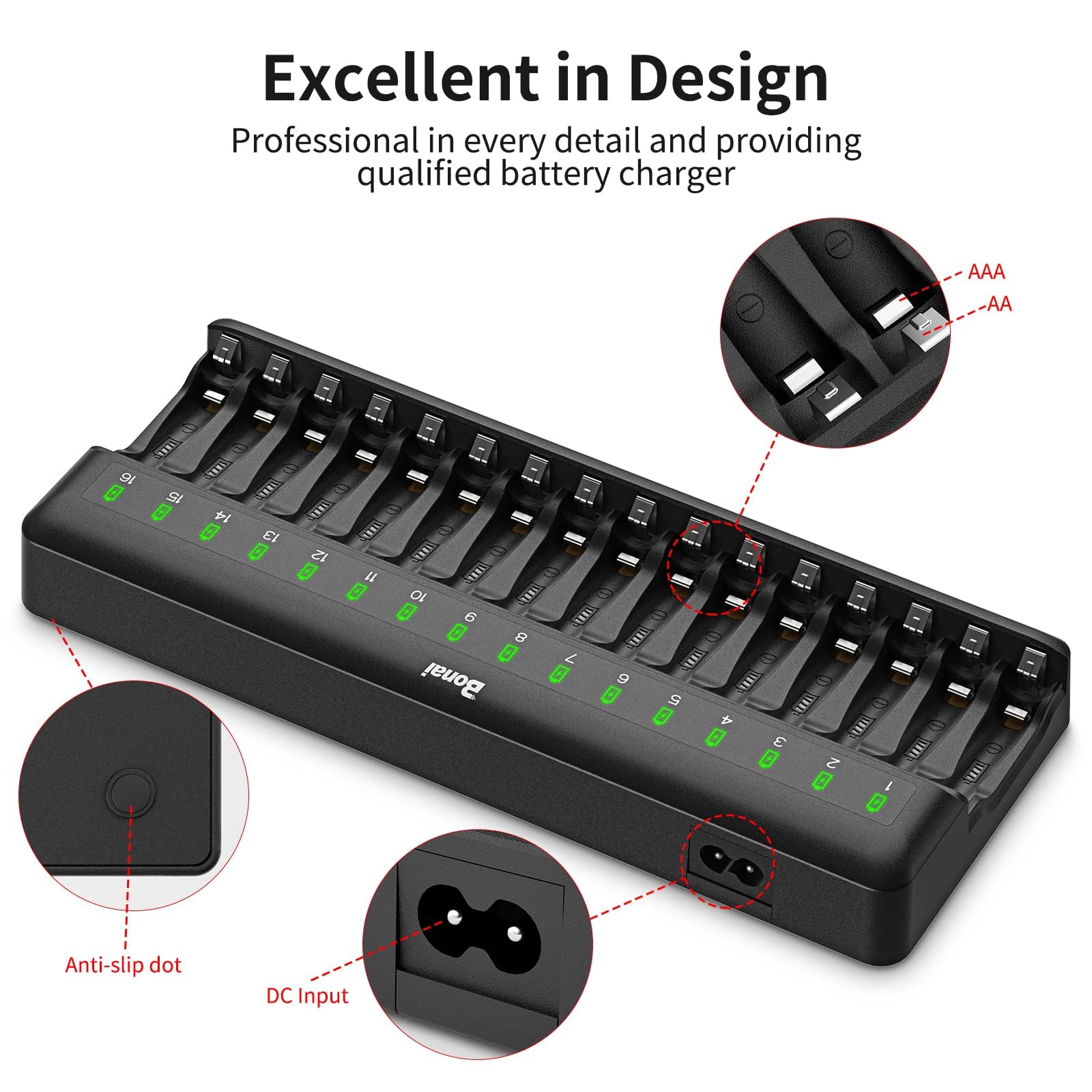 BONAI 16-Slot Akku Ladegerät für AA AAA Batterien, Intelligentes Ladegerät für NI-MH wiederaufladbare Akkus, Professionelle Ladestation für Batterien von Controllern, Spielzeugen, Smart-Home-Geräten