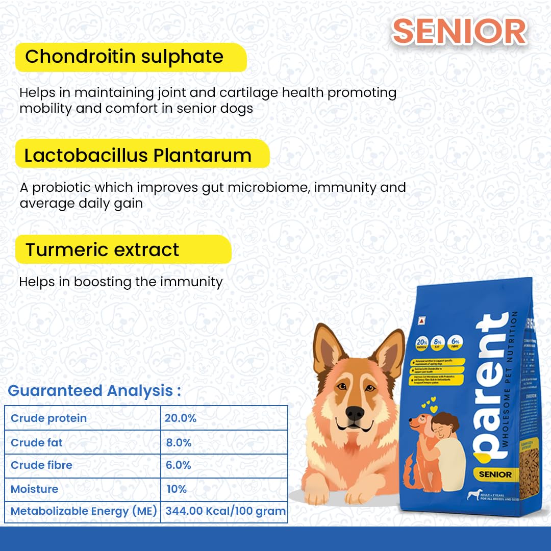 Parent Premium Dry Dog Food for Senior Dogs 7+ Years| Complete Nutrition for Aging Dogs Pet Food Supports Joint Health, Immunity & Digestion All Breeds & Sizes 10kg, Free 500gm 4