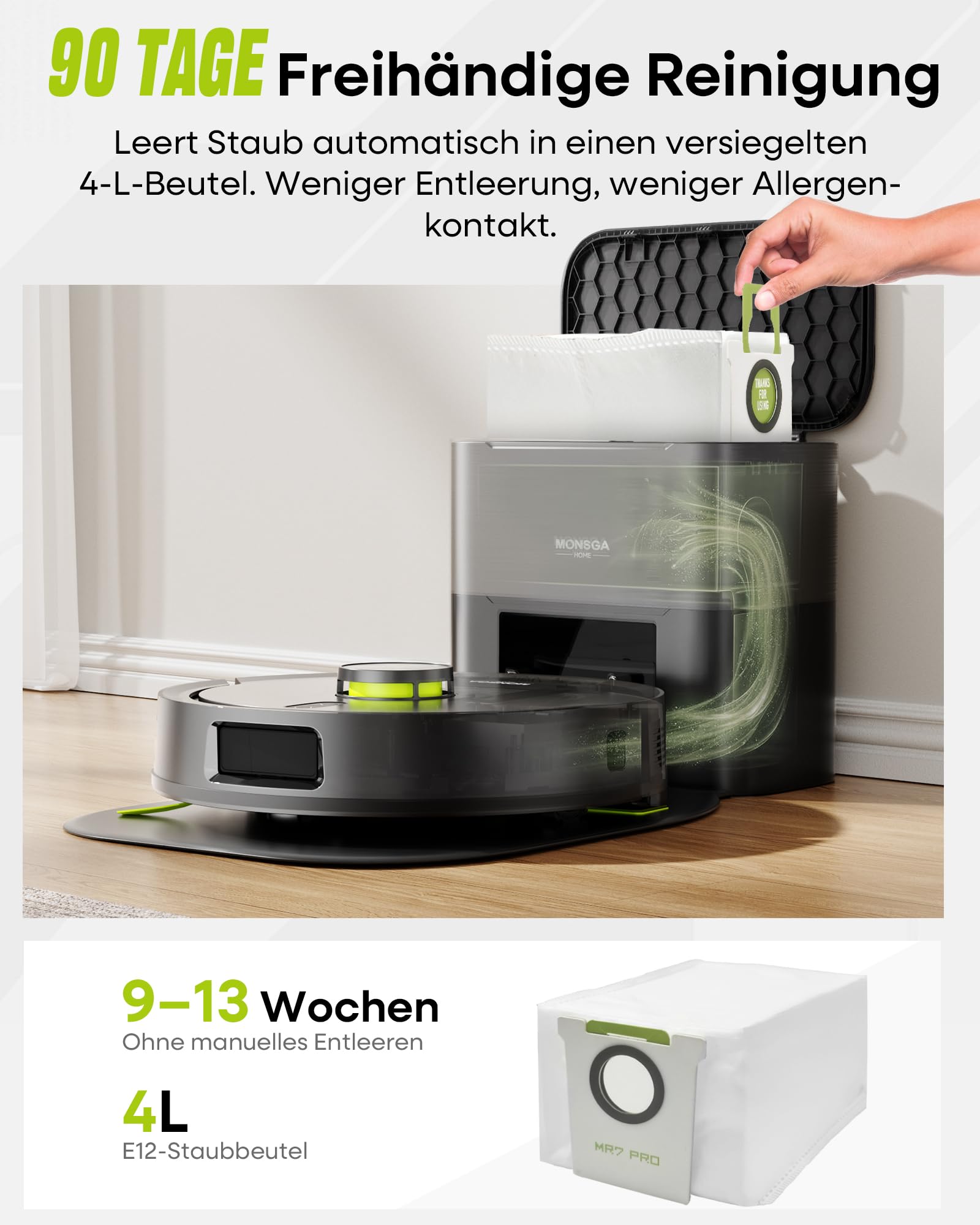 MONSGA Saugroboter mit Wischfunktion 8000PA, Staubsauger Roboter mit Absaugstation 4L, LiDAR Navigation,Dual Anti-Tangle System,4-in-1 Saug und Wischroboter ideal für Teppich Tierhaare, APP Steuerung
