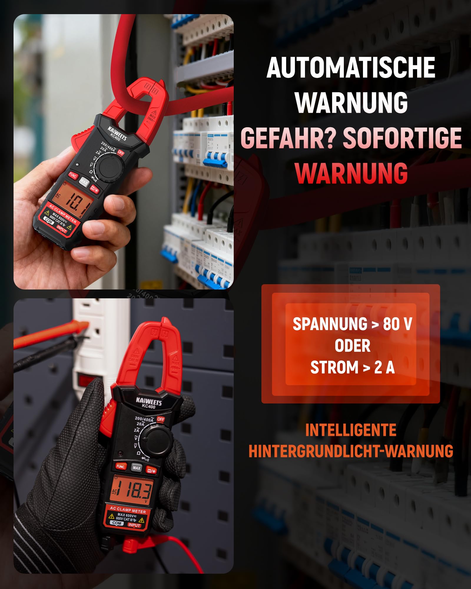 KAIWEETS Digital Stromzange, Tragbares Strommesszange 400A AC, 600V AC/DC, 2000 Counts, Auto Range Spannungsprüfer, Messgerät für Strom, Spannung, Widerstand, Durchgang & Diode, KC400