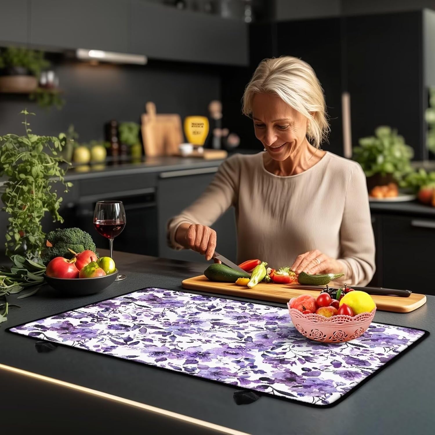 Poceacles Stove Top Cover Protector Glass Stove Guard Anti-slip Scratch Resistant Cooktop Protector Range Cover Extra Counter Space, 29'' x 21'', Floral Violet
