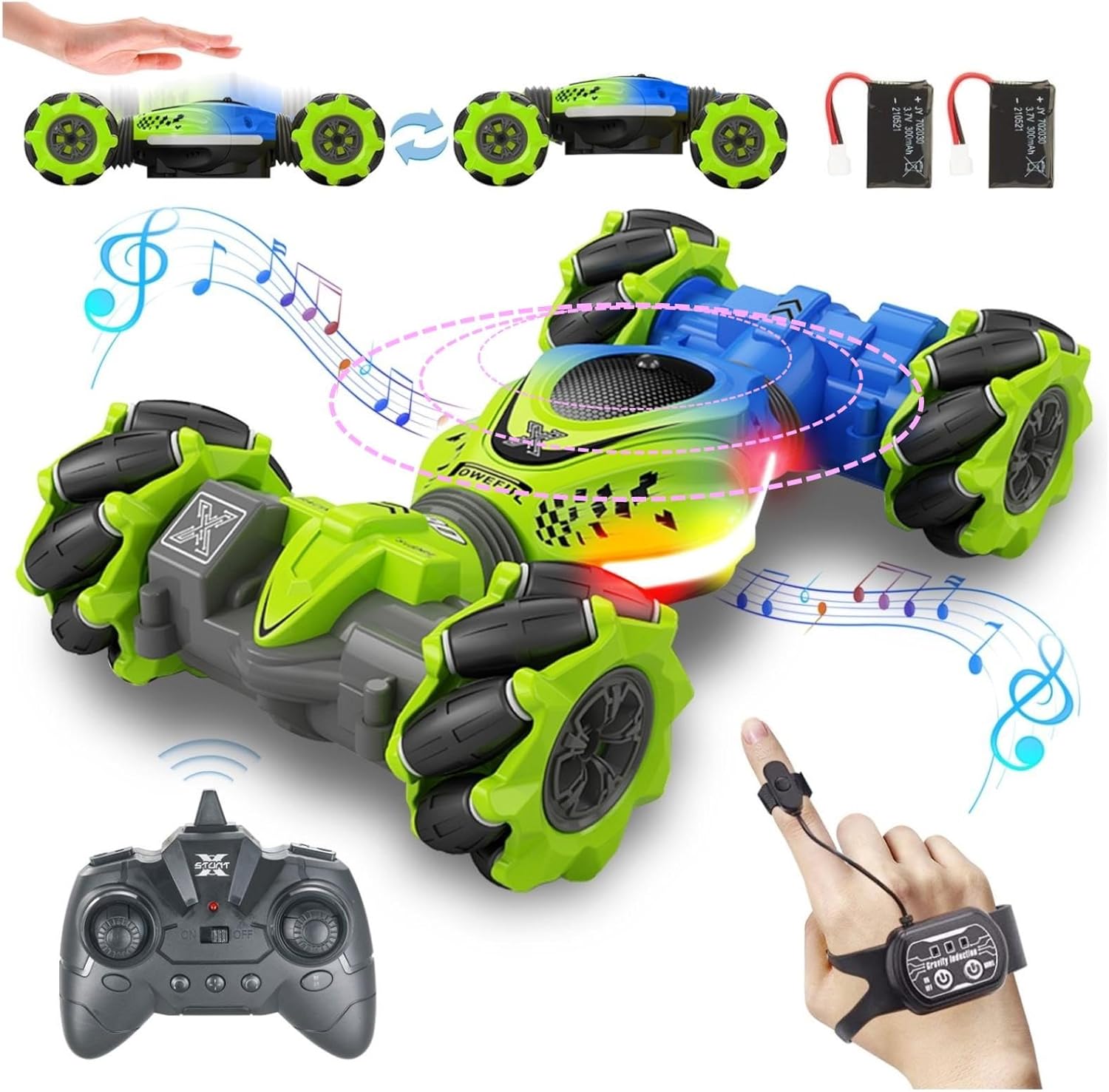 Weocar Gesture RC Car, 4WD High Speed Drift Stunt Car, 2.4Ghz Remote Control Cars Gesture Sensor, 360° Rotating Twist Offroad Cars w/Music Lights, Age 6-12 Boys Girls Birthday Xams Gifts, Green-Blue