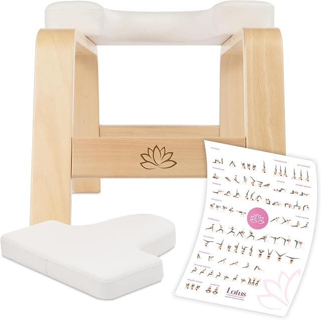 Lotus Inversion Chair - Vegan Headstand Bench Yoga Chair for Inversions and Relaxation, Premium Quality, European Craftsmanship, Poster included, Wood, White