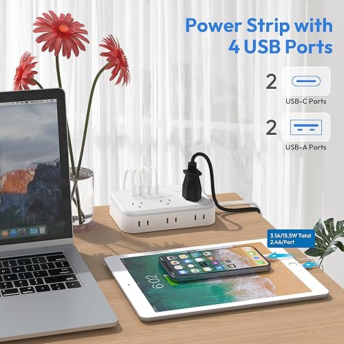 Miniatura 4 de Cable de extensión de enchufe plano de 25 pies, extensor de toma de corriente con 6 tomas, 4 puertos USB, protección contra sobrecarga, cable de